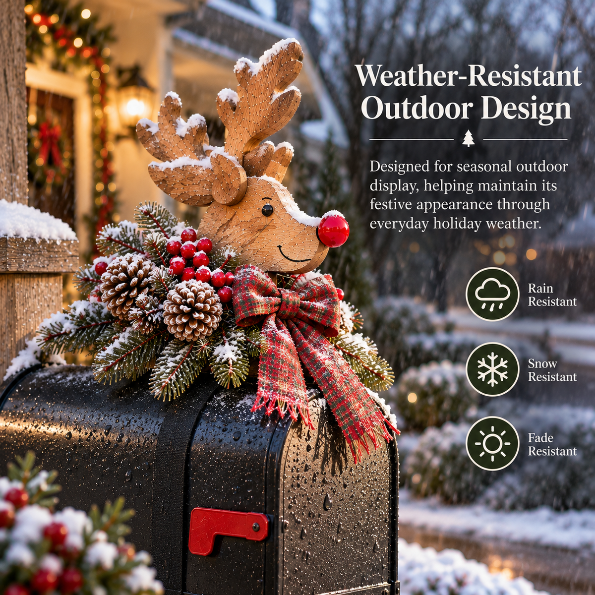 Weather-resistant reindeer mailbox topper displayed in a snowy Christmas setting