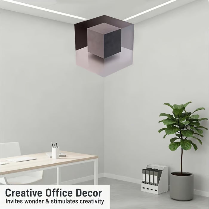Family gathered in a living room with a geometric wall-art focal point