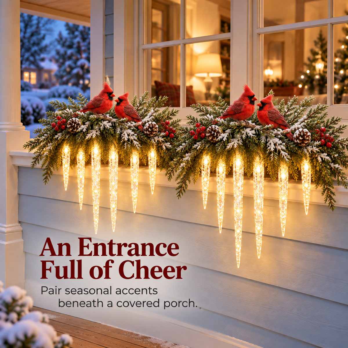 Cardinal Winter Glow — Lighted Snowy Cedar & Icicle Christmas Decor