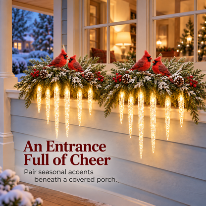 Cardinal Winter Glow — Lighted Snowy Cedar & Icicle Christmas Decor