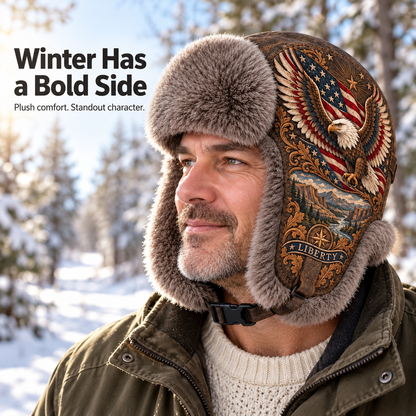🦅 “Wings of Freedom” Genuine Leather Winter Trapper Hat with Plush Lining