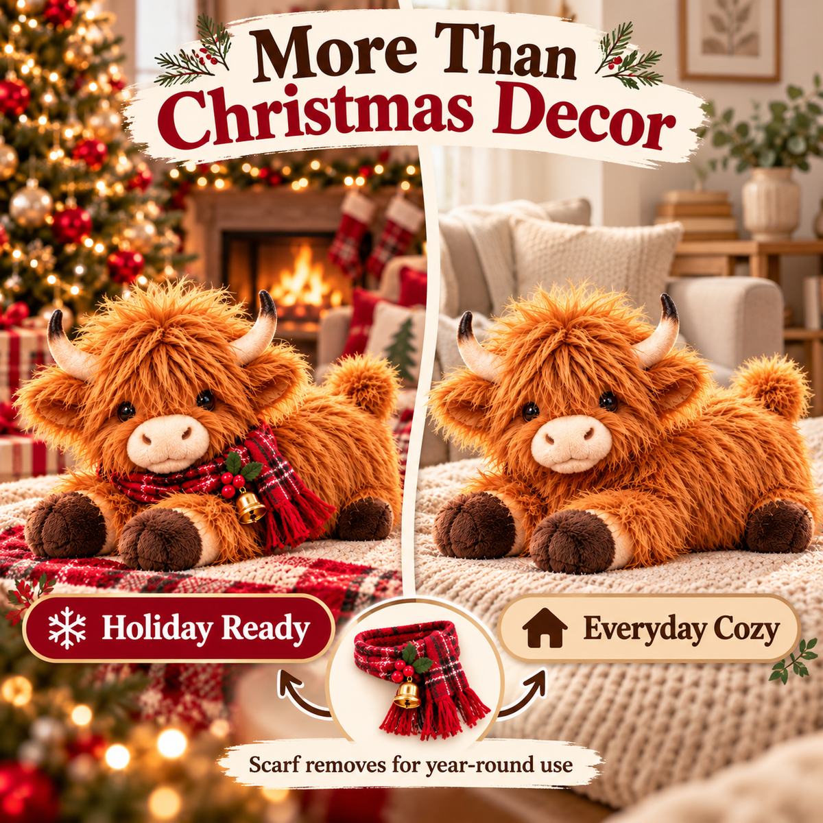 Highland cow plush tissue holder with removable scarf for Christmas and everyday use