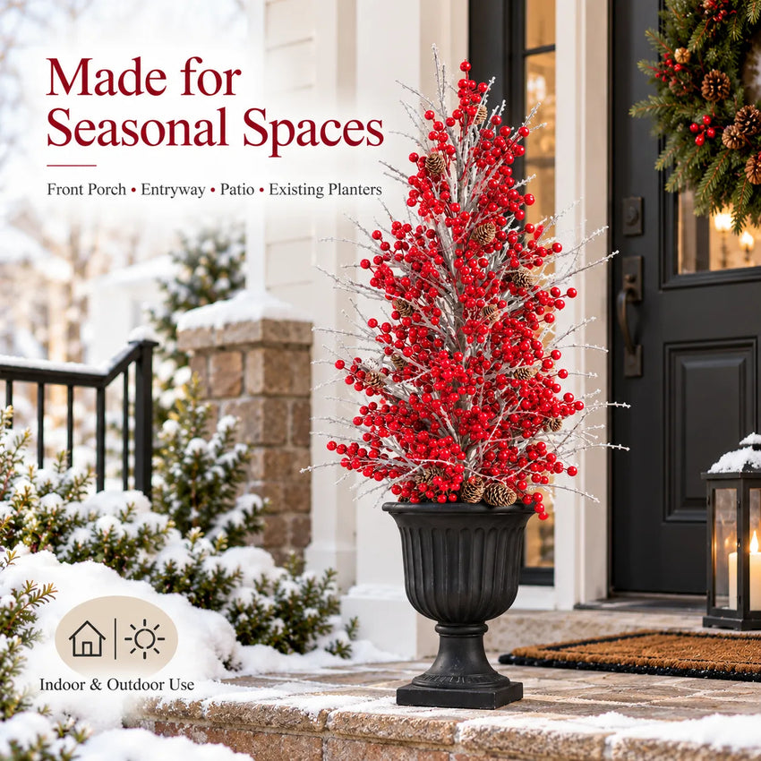 Seasonal red berry urn filler decorating an outdoor entryway