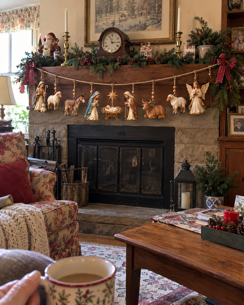 Nativity garland styled in a cozy Christmas living room