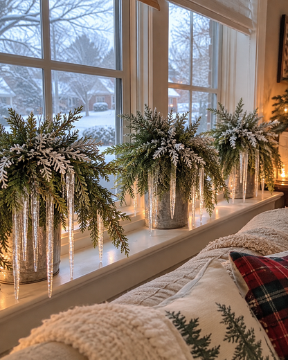 Snow-Kissed Icicle Greenery – Cascading Winter Mantel & Window Decor