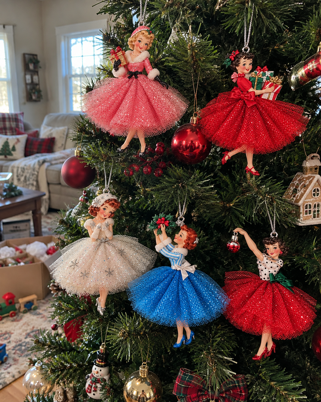 Five collectible retro girl ornaments styled across a traditional Christmas tree