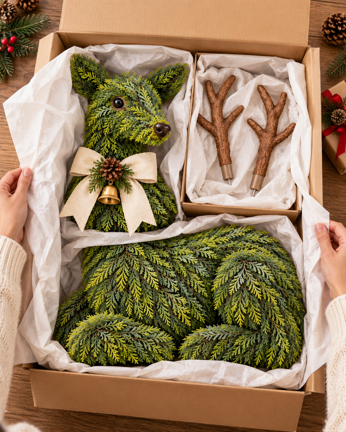 Holiday reindeer concept packaging with evergreen pieces and antlers arranged in a box
