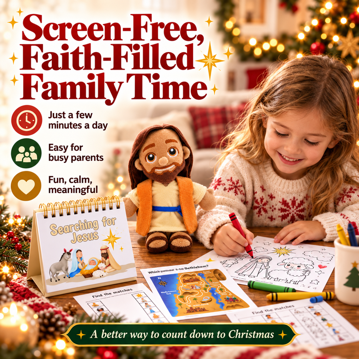 Searching for Jesus – 25-Day Christmas Advent Calendar with Jesus Plush, Bible Stories & Kids’ Activities