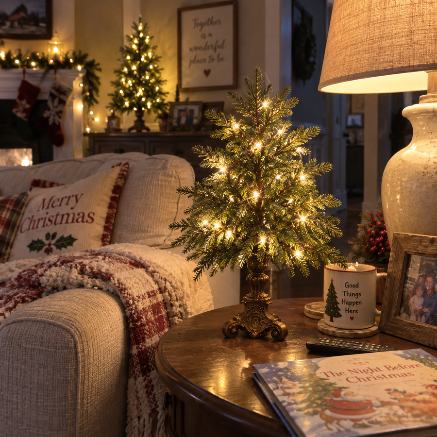 Warm Christmas tree lights in a cozy living room