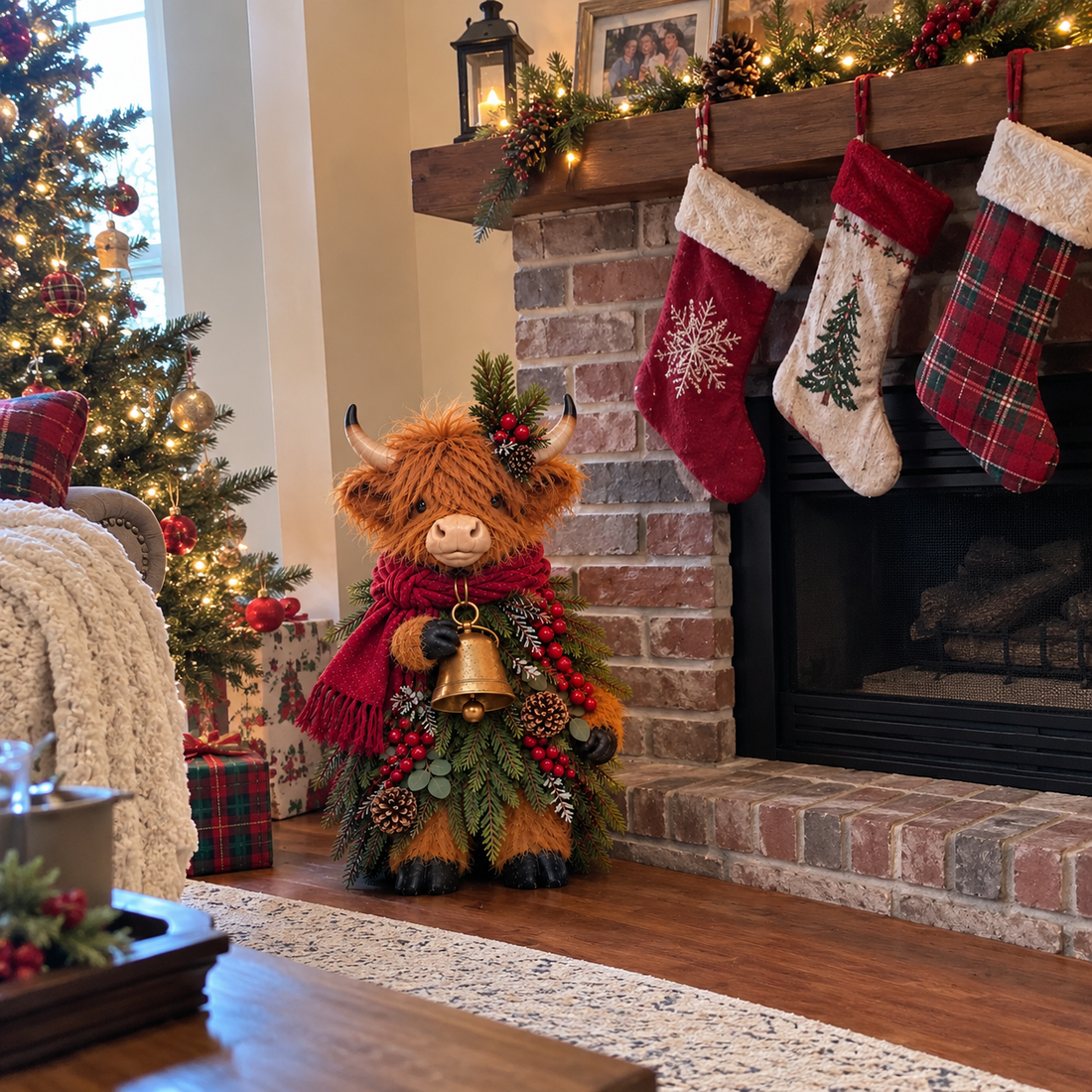 Holiday cow alongside a brick fireplace and stockings