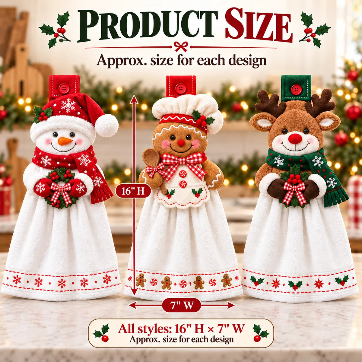 Size graphic showing each Christmas hanging kitchen towel at approximately 16 inches high and 7 inches wide