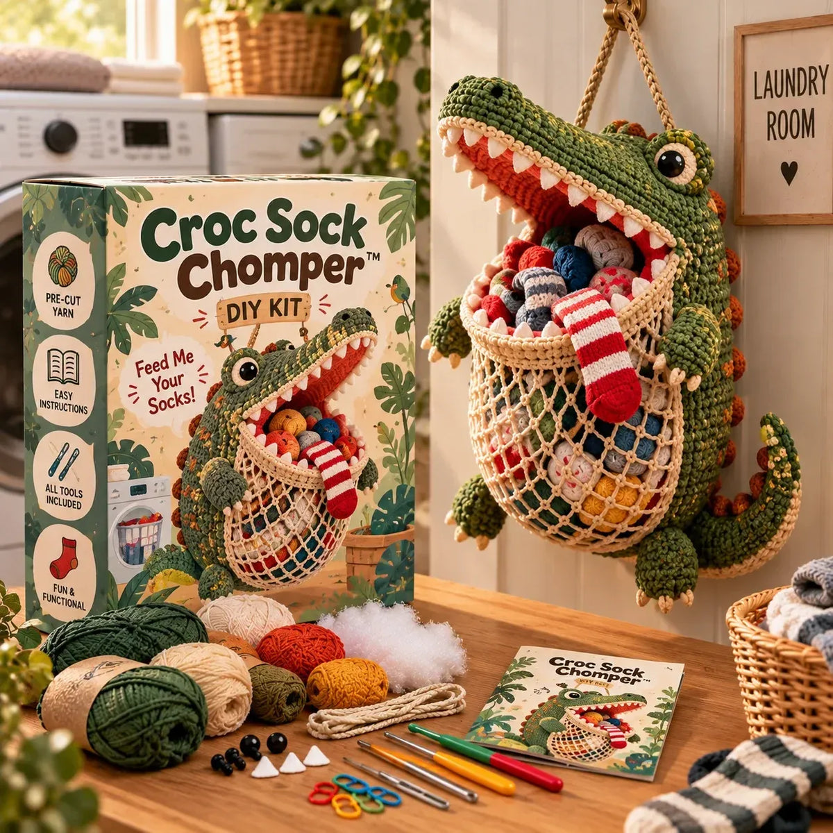 🧦😂 Sock Gobblers™ – DIY Crochet Animal Sock Holder Kit | Funny Hanging Laundry Organizer & Creative Handmade Gift 🦈🐊