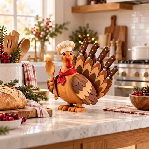 🦃 Rustic Turkey-Shaped Wooden Knife Stand | Thanksgiving Kitchen Decor