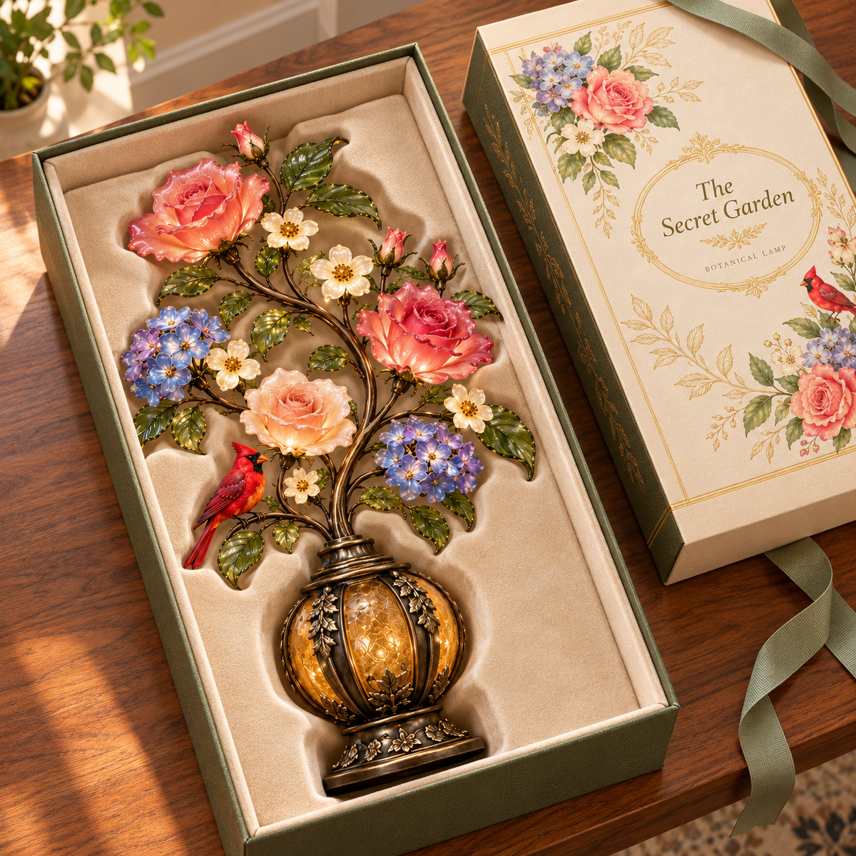 🌹✨ Eternal Bloom – Vintage Rose & Cardinal Table Lamp