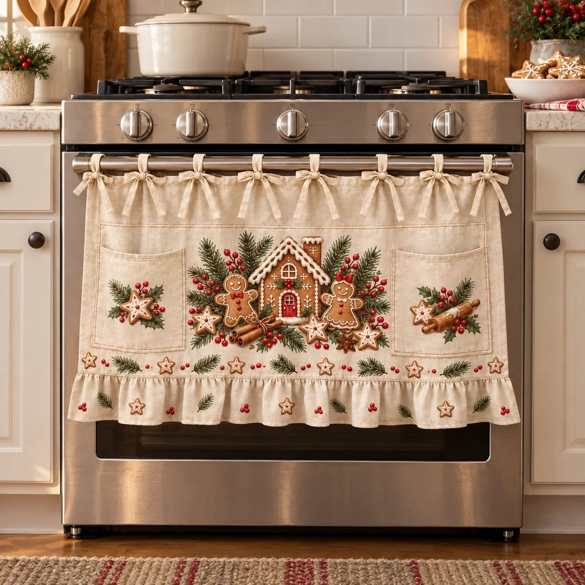 ⏳ Last Day 49% OFF – 🎄 Christmas Kitchen Tie-On Skirt | Festive Holiday Designs with Pockets & Ruffled Trim ✨