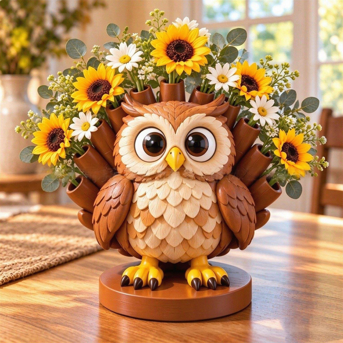 Woodland hedgehog owl and Highland cow floral holders in three winter home spaces