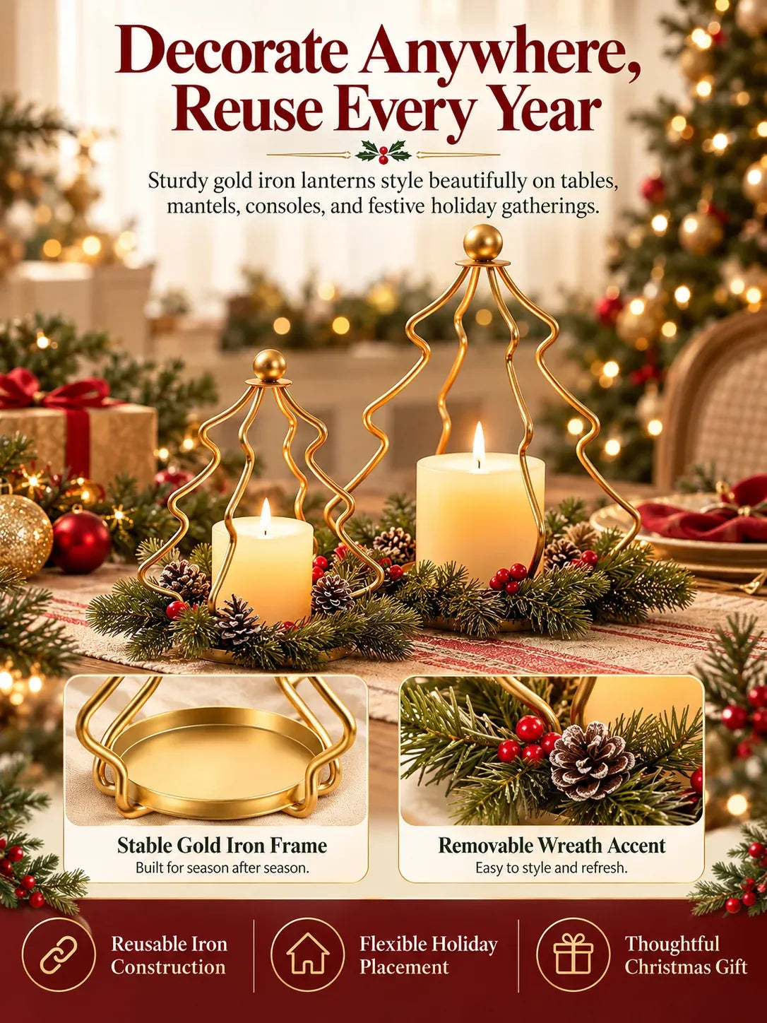 ✨Christmas Tree Candle Holders – Gold Lanterns with Wreaths