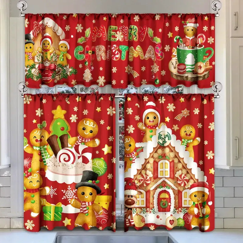 🎄3-Piece Christmas Kitchen Curtain Set | Water-Resistant Valance & Tier Curtains🏡