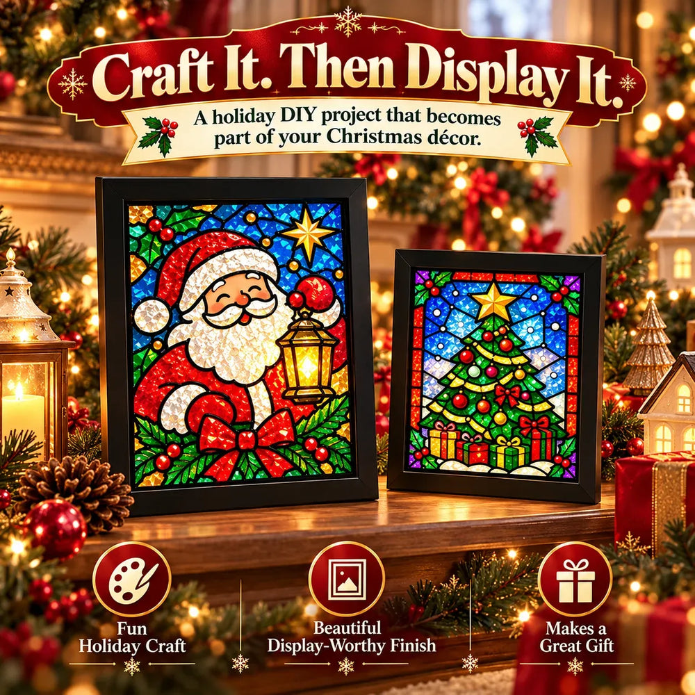 Finished Santa and Christmas tree craft frames displayed as decoration
