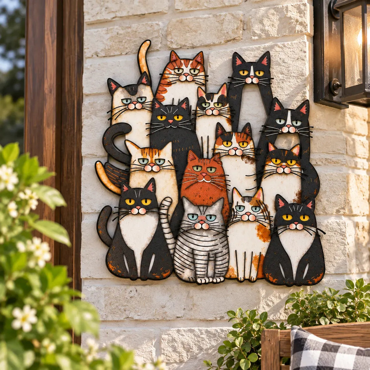 Whimsical Cat Family Metal Wall Art