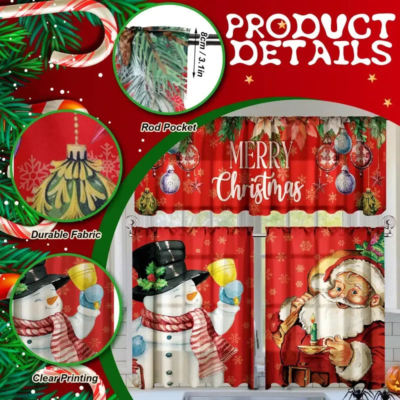 🎄3-Piece Christmas Kitchen Curtain Set | Water-Resistant Valance & Tier Curtains🏡