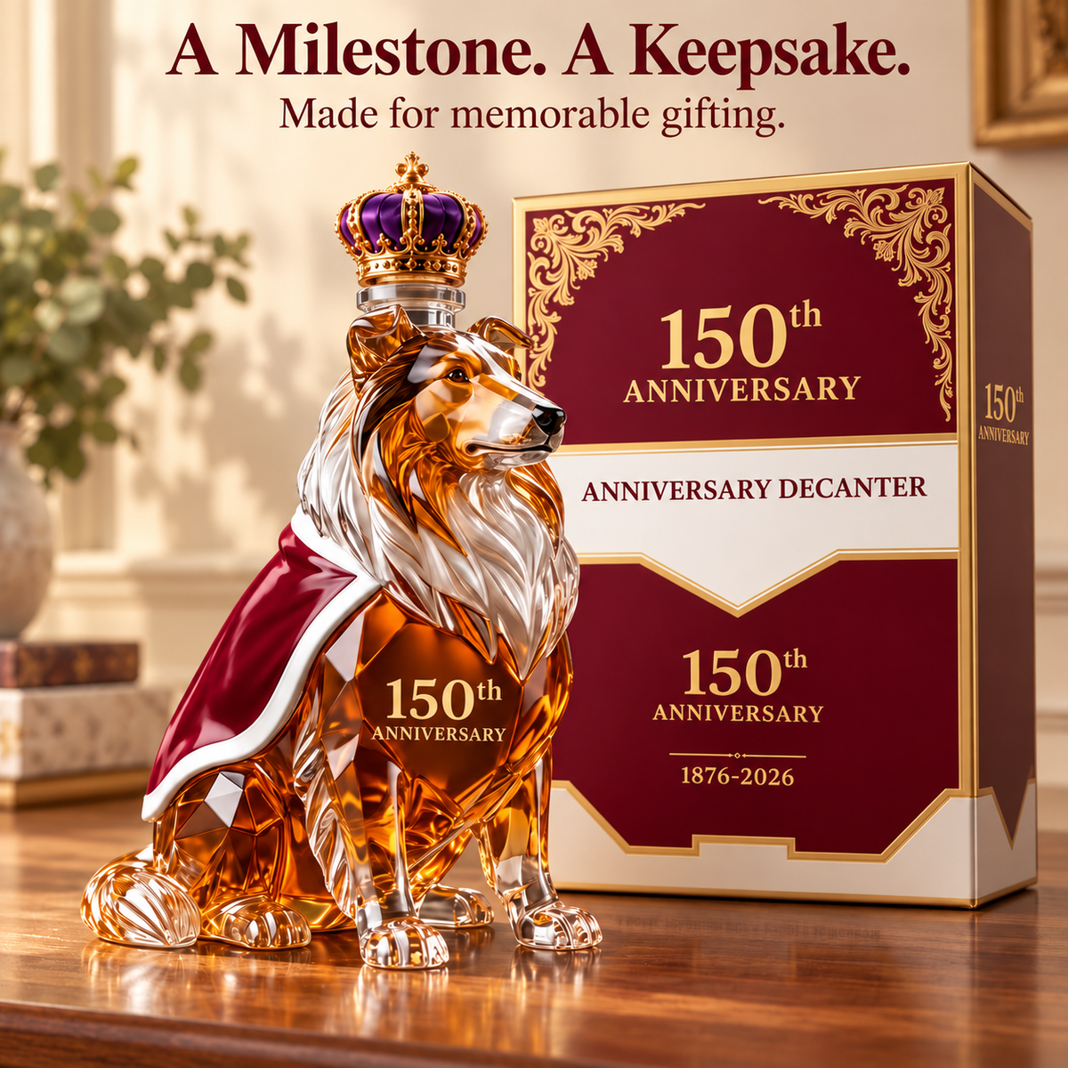 Crowned Collie bottle beside its coordinating burgundy and gold presentation box