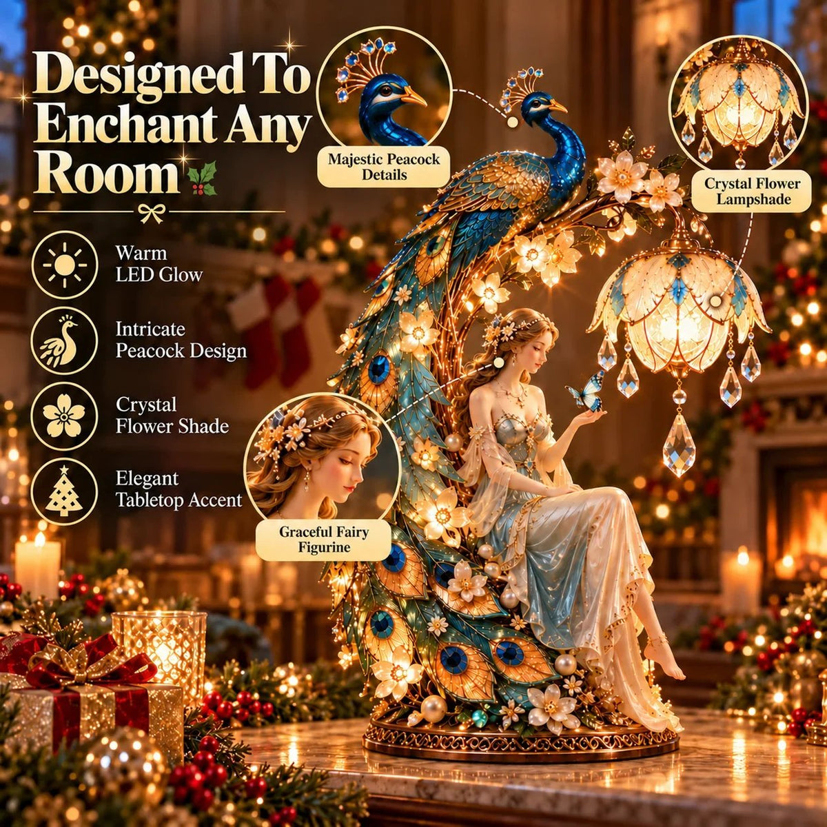 🦚✨ Moonlit Peacock Fairy™ – Bezaubernde Pfauenfee-Tischlampe mit warmem LED-Licht, kristallähnlichen Anhängern und eleganten Blumendetails | Stimmungsvolle Wohndekoration