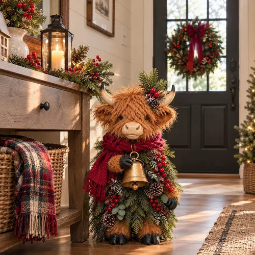 Christmas Highland Cow Figurine with Bell
