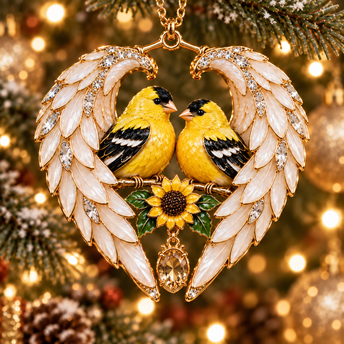 Yellow Goldfinch Pair inside white wings with a sunflower and golden hanging drop