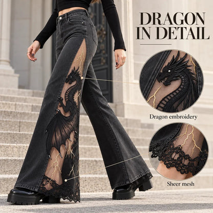 🐉 Handmade Sheer Mesh Dragon Embroidered Denim Pants