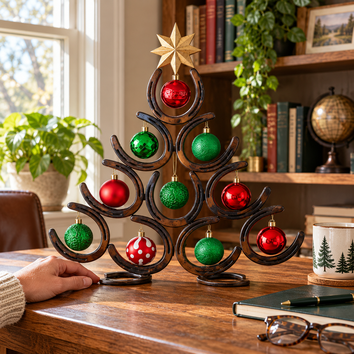 Rustic horseshoe Christmas tree with red and green ornaments and a gold star