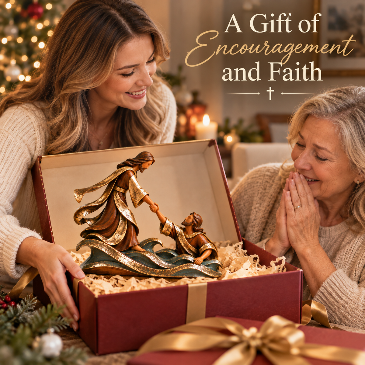 A woman giving the Jesus and Peter sculpture as a meaningful faith gift