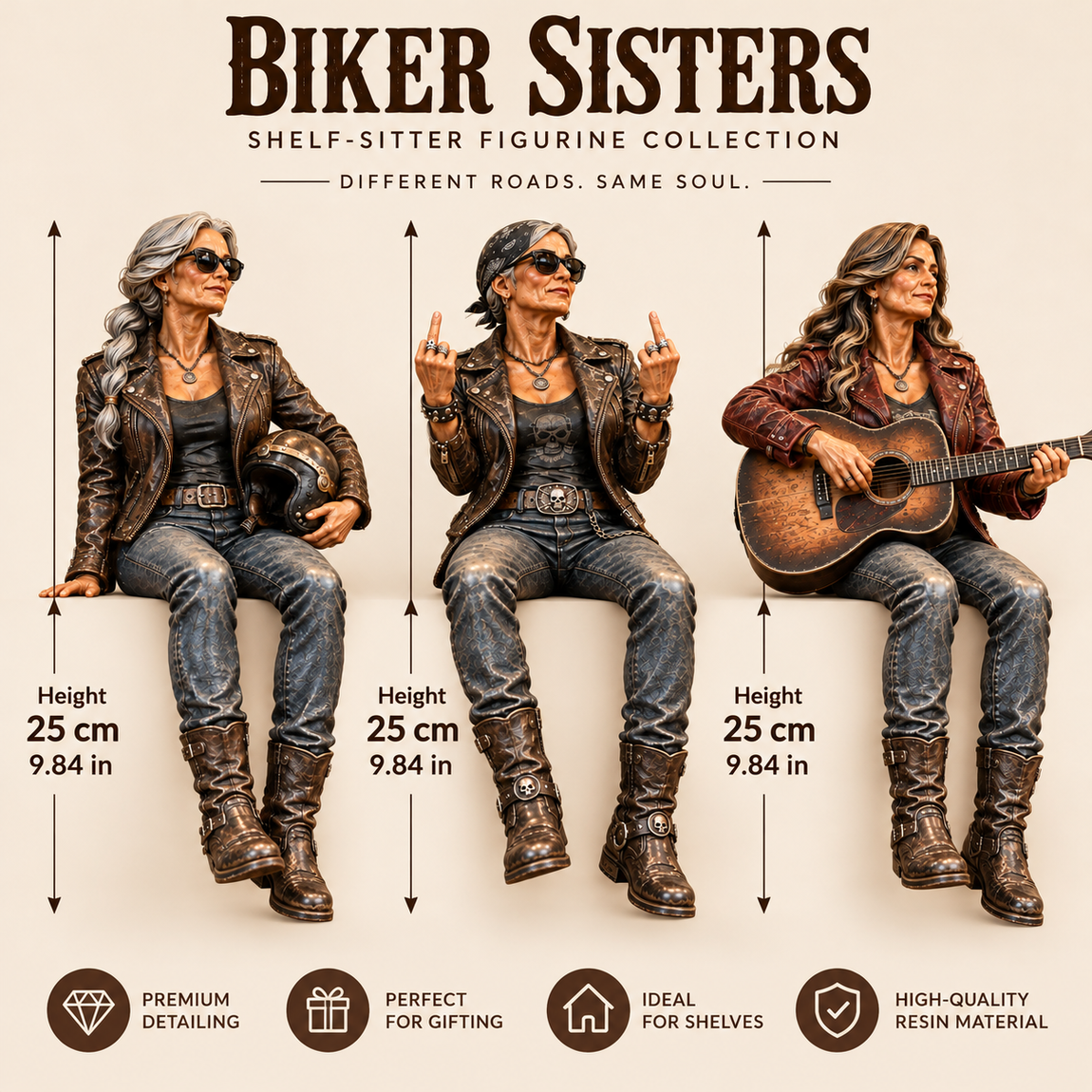 Size chart for all three Women Ride Too biker shelf-sitter figurines, each 25 cm or 9.84 inches high