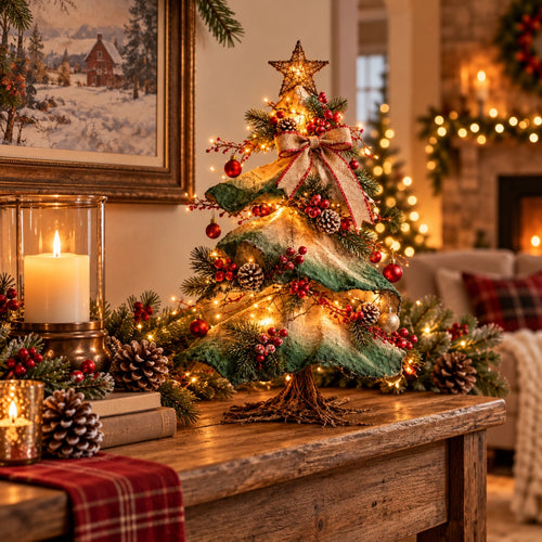 Light-Up Rustic Farmhouse Tabletop Christmas Tree with Remote Control