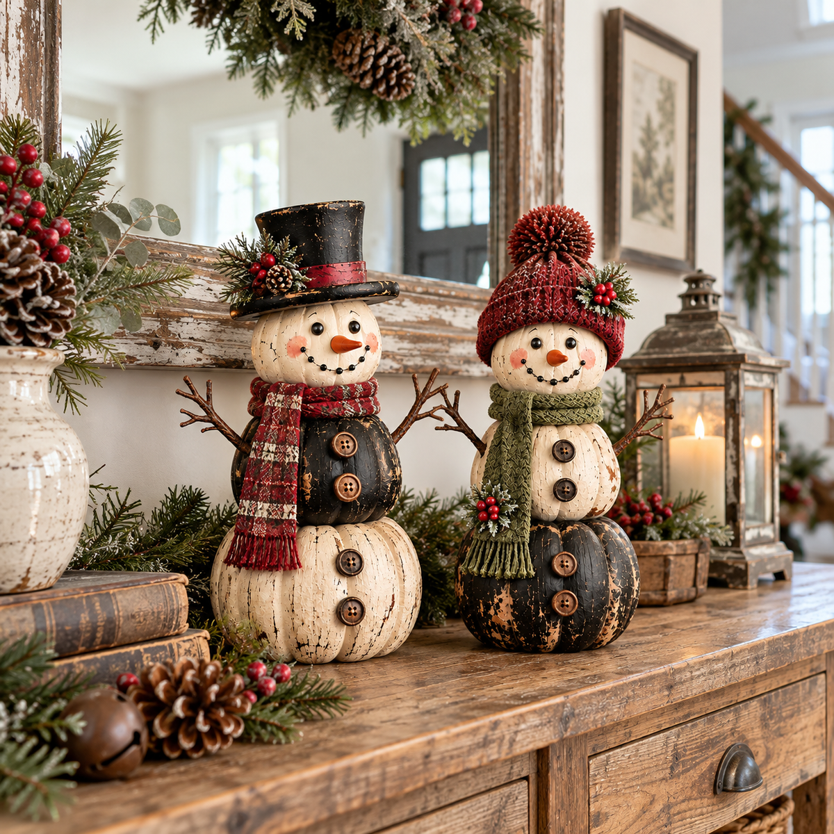 Vintage Pumpkin Snowman Duo – Rustic Black & Ivory Farmhouse Christmas Figurines