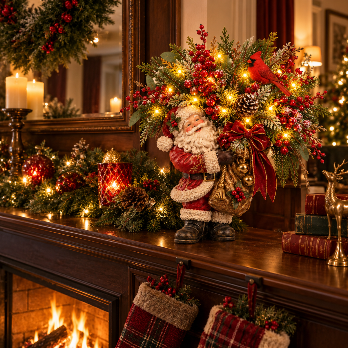 🎄 Lighted Santa & Cardinal Christmas Arrangement with Remote & Timer