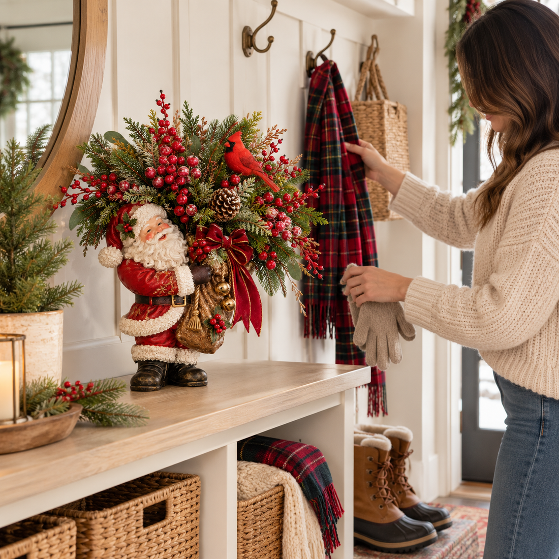 Woman decorating an entryway with the Santa and cardinal arrangement