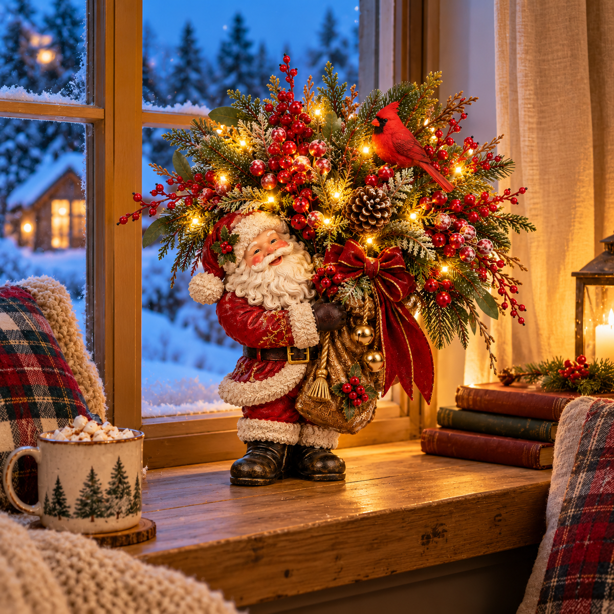 Illuminated Santa and cardinal arrangement beside a winter window