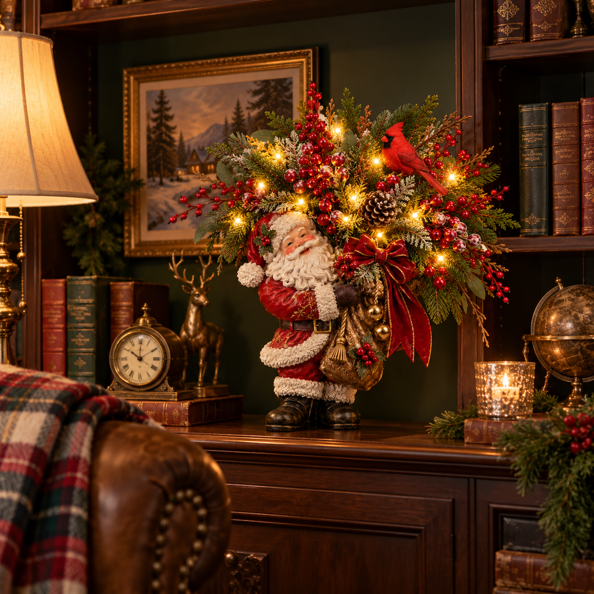 🎄 Lighted Santa & Cardinal Christmas Arrangement with Remote & Timer