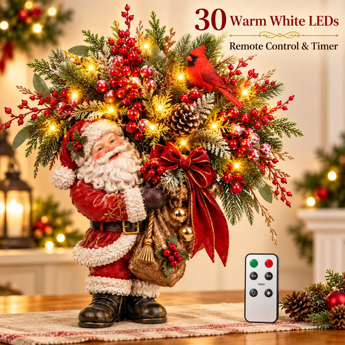 🎄 Lighted Santa & Cardinal Christmas Arrangement with Remote & Timer