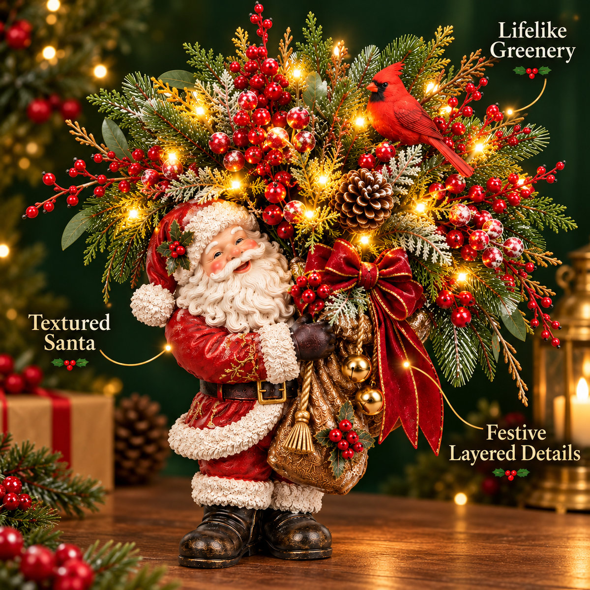🎄 Lighted Santa & Cardinal Christmas Arrangement with Remote & Timer