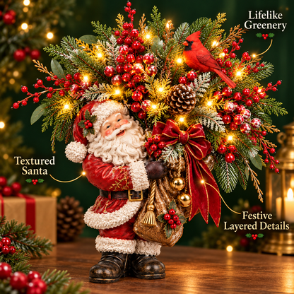 🎄 Lighted Santa & Cardinal Christmas Arrangement with Remote & Timer