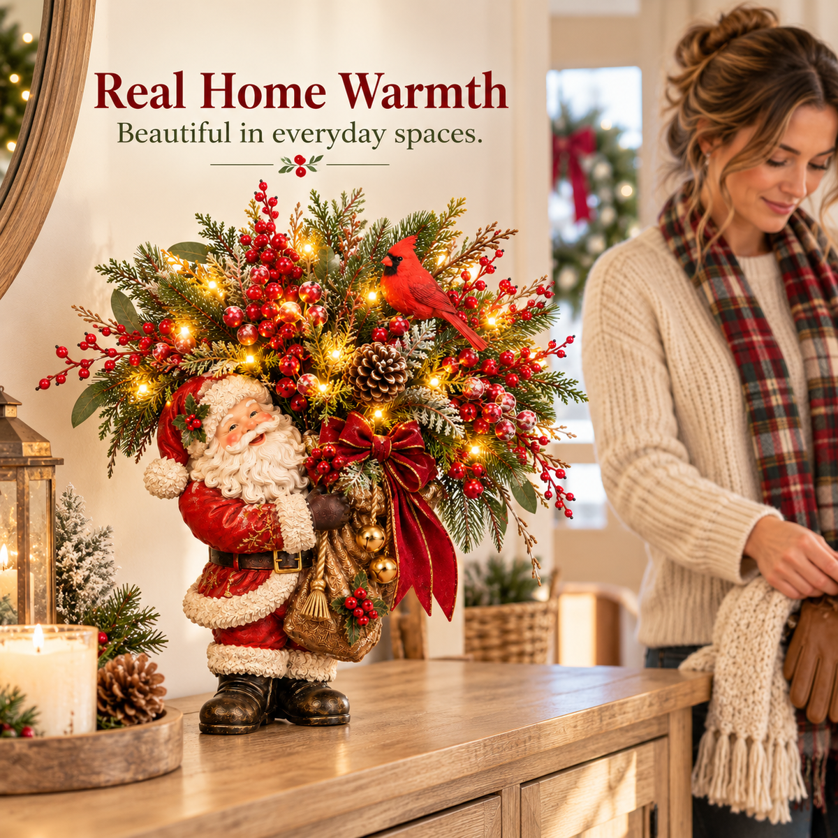 🎄 Lighted Santa & Cardinal Christmas Arrangement with Remote & Timer