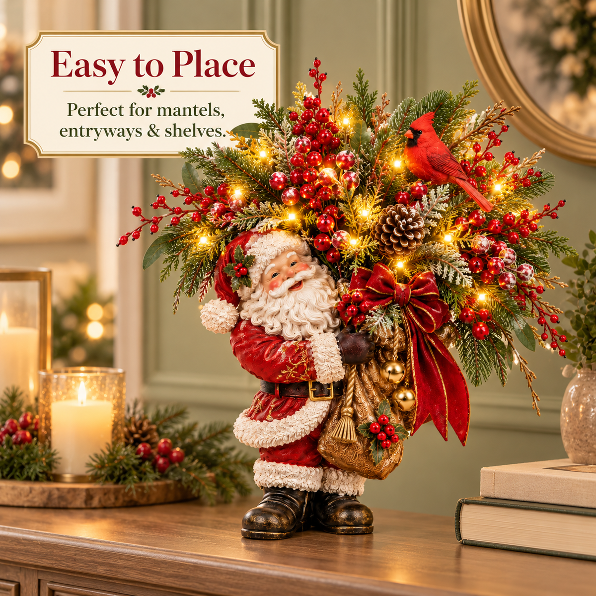 Santa and cardinal arrangement styled on an indoor console