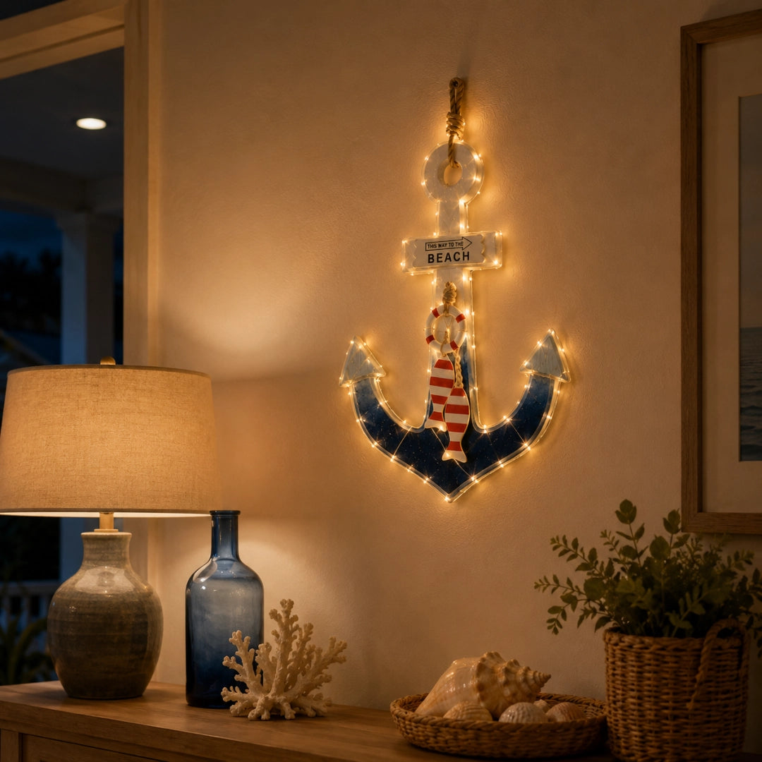 Lighted Coastal Wooden Anchor Wall Decor