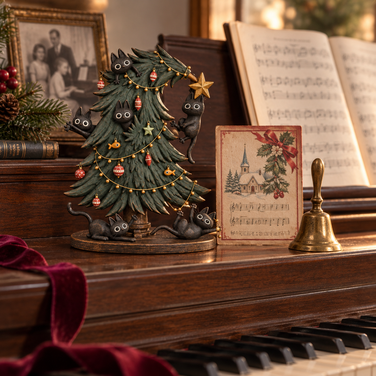 🐈‍⬛🎄 Mischievous Black Cat Christmas Tree Figurine