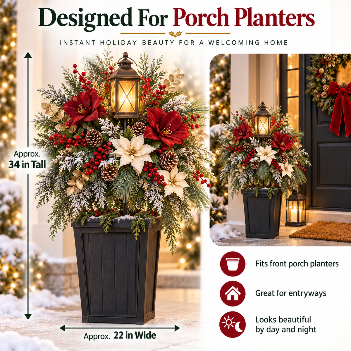 Pre-lit Christmas lantern floral stake for winter planters