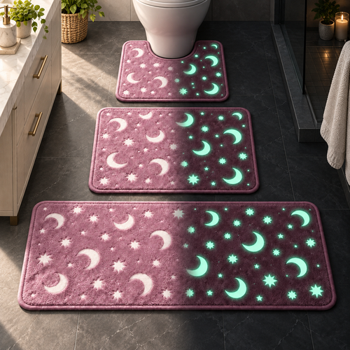 🎃🌙 Haunted Moonlight Glow Bath Mat Set – 3-Piece Halloween Celestial Floor Decor