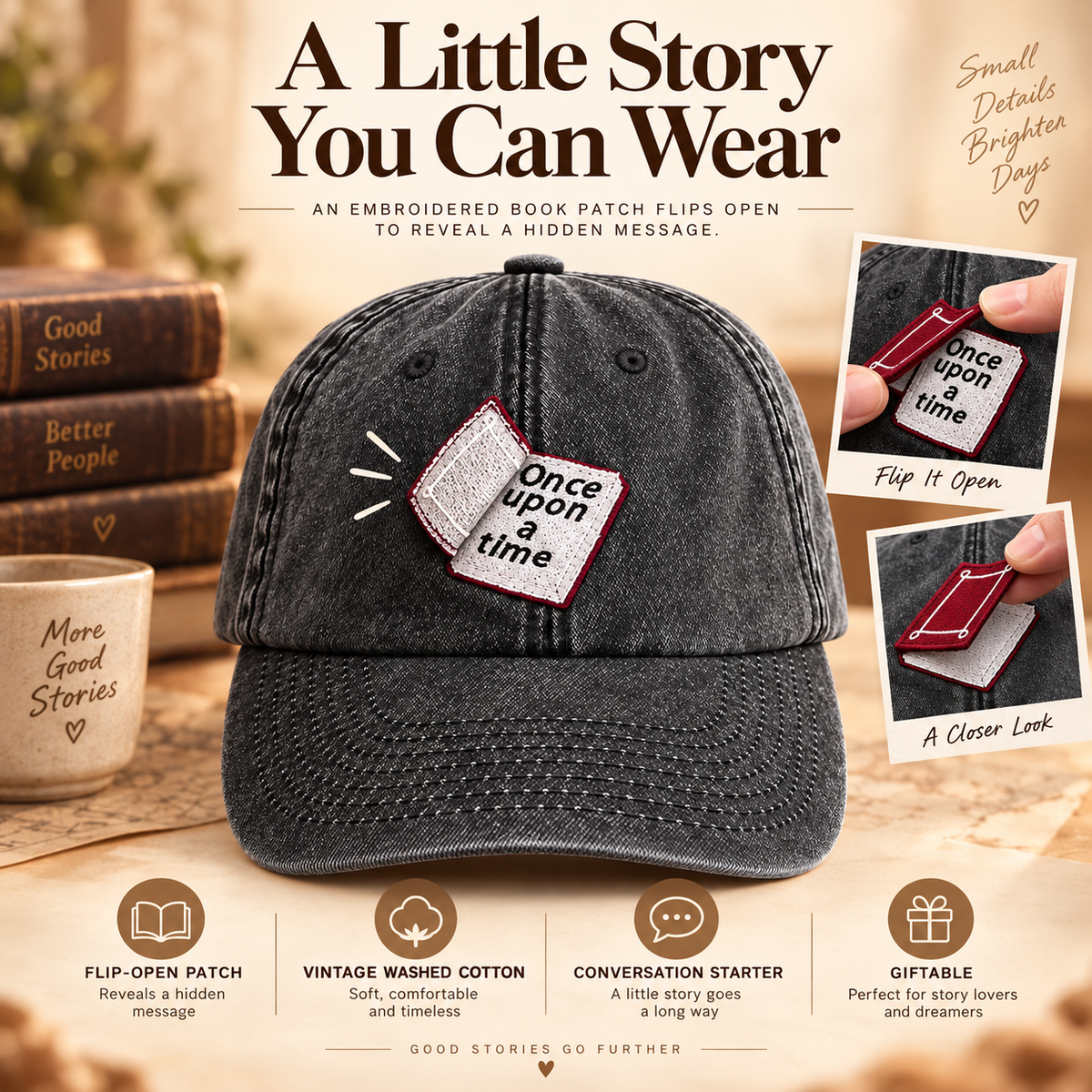 📕Interactive Storybook Cap – Vintage Washed Flip-Open Book Hat
