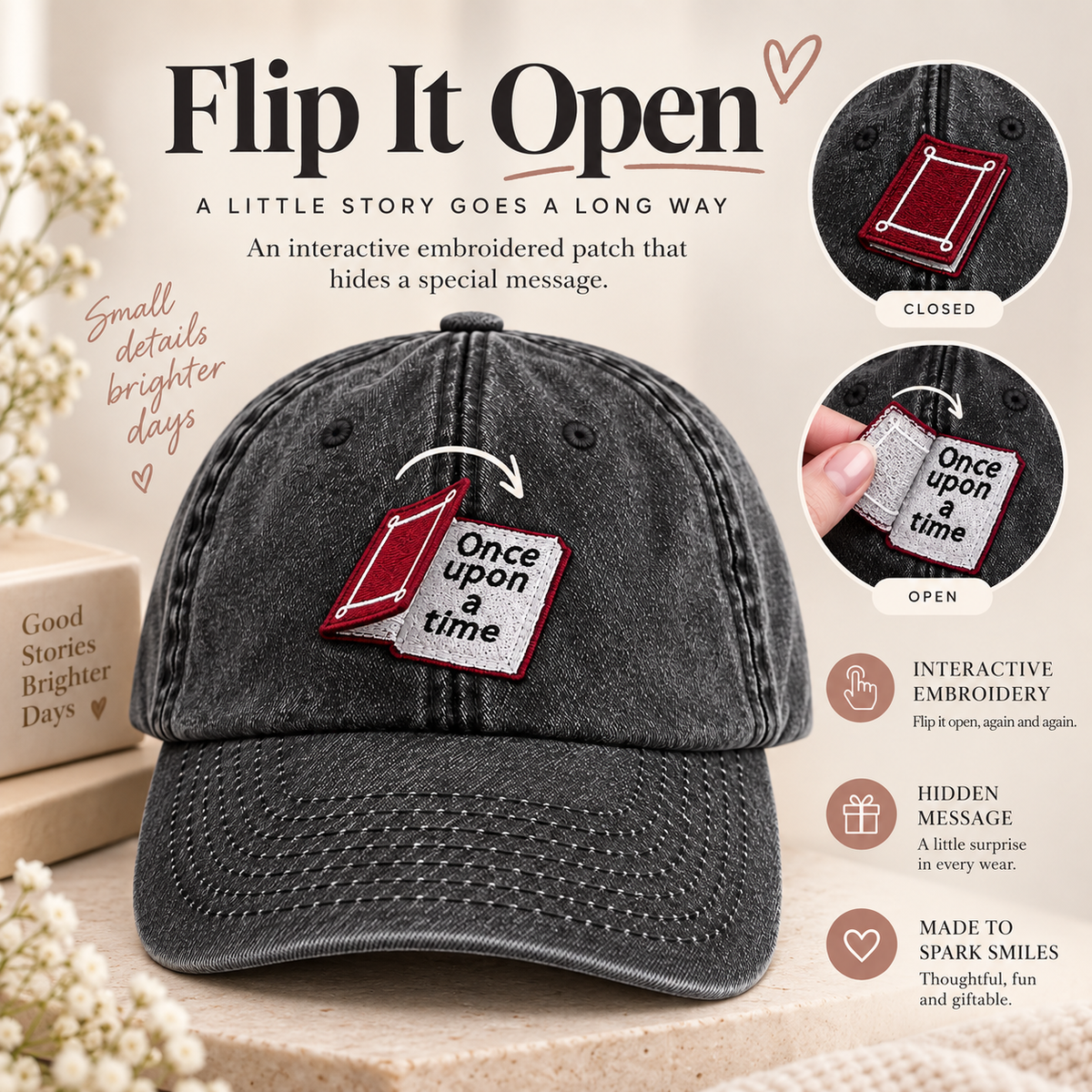 📕Interactive Storybook Cap – Vintage Washed Flip-Open Book Hat